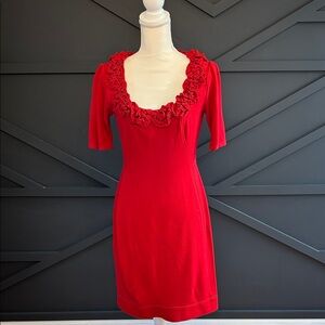 Maggy London Red Dress with Rosette Neckline